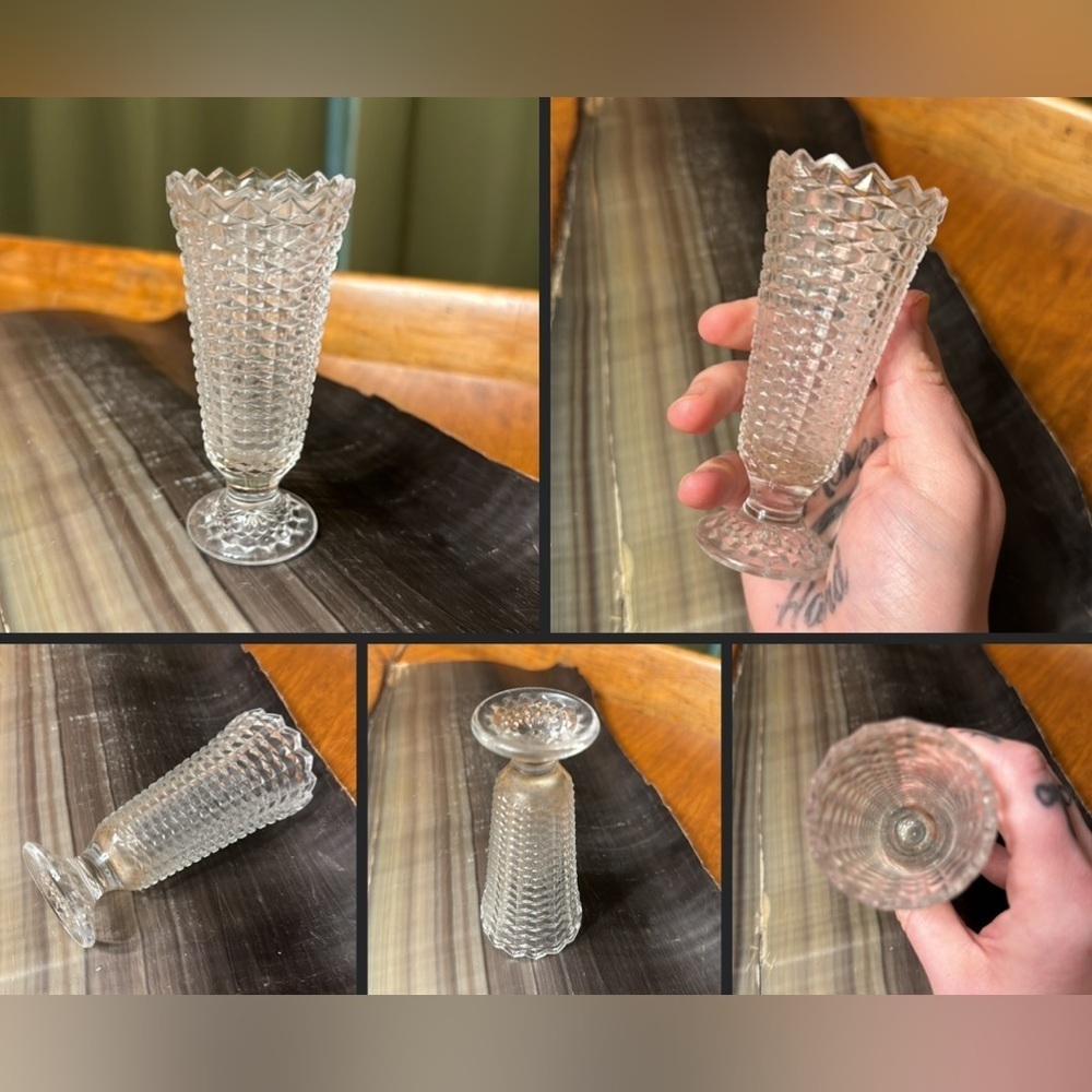 Vintage 1960s Indiana Glass Co Diamond Point Footed Crystal Bud Vase 4 1/4”